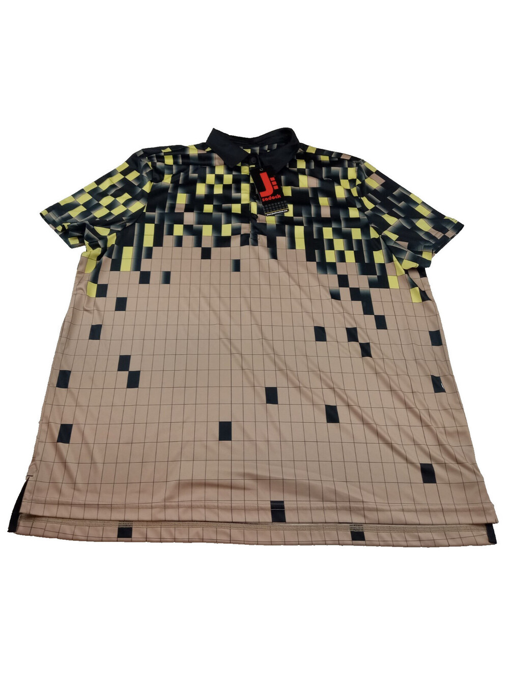 Jamie Sadock Polo Shirt Mens XXL Beige Black Yellow Geometric Pixel Grid Short S